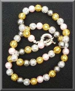Glass Pearl Necklace with Silver and Gold Beads (Style 1)