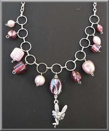 Silvertone Necklace with Beads and Fairy Pendant