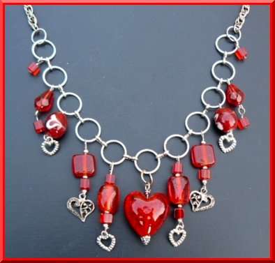 Silvertone Necklace with Beads and Heart Pendant