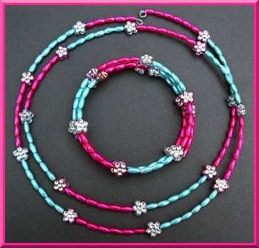Cute Pink and Blue Necklace and Bracelet Set with Sparkly Flowers