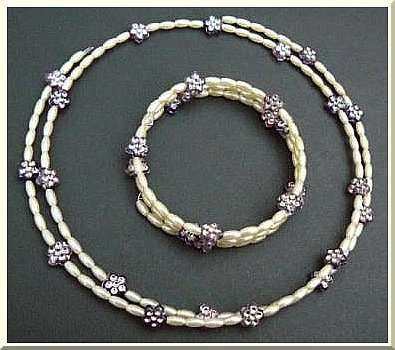 Cute Cream Necklace and Bracelet Set with Purple Sparkly Butterflies