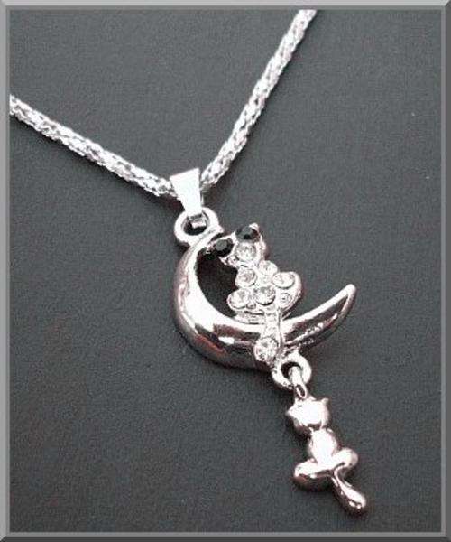 Charming Owl on Moon and Cat Necklace set with Crystals