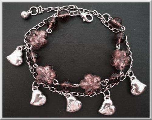 Purple Flowers and Silver Hearts Charm Bracelet