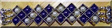 Silver Bracelet with dark blue and White Glass Pearl Beads