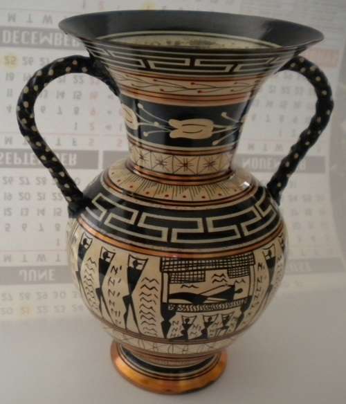 Copper two handle vase hand painted .