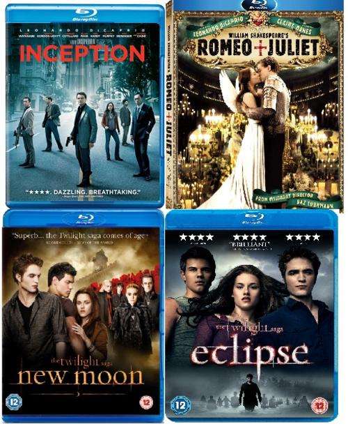 4x AS NEW BLU-RAY DVD. INCEPTION, NEW MOON, ECLIPSE, ROMEO AND JULIET