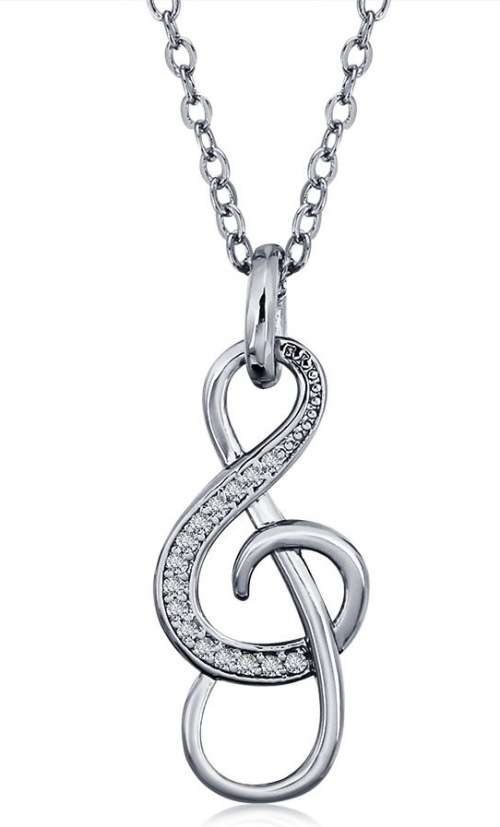 GENUINE 925 STERLING SILVER MUSIC NOTE NECKLACE - WITH CUBIC ZIRCONIA PAVE