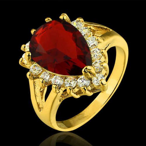 Garnet Red CZ and 18k Yellow Gold EP Ring. Sizes 6-8 (L+ to P+)