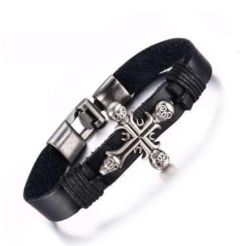 Cross Skulls 22cm Stainless Steel 316L Black Leather Bracelet