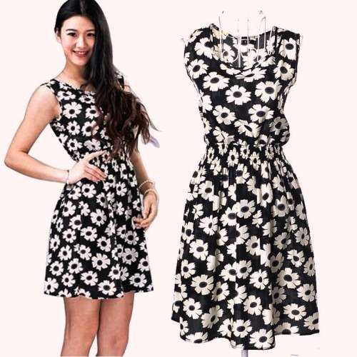 Chiffon Summer Flower Casual Chiffon Sleeveless Beach Dress. Size: M-L