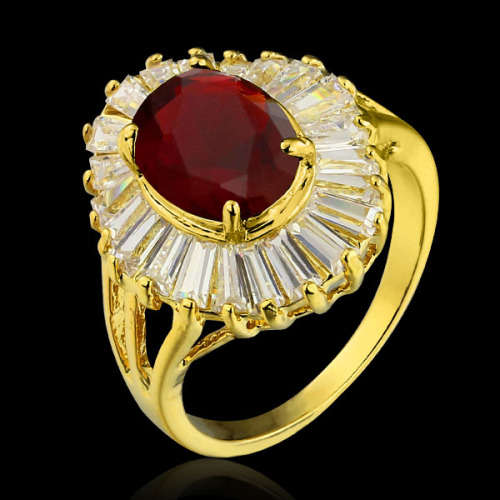 Garnet red zircon halo 18kgp ring. Size 7, 8, 9 (O, Q, S)