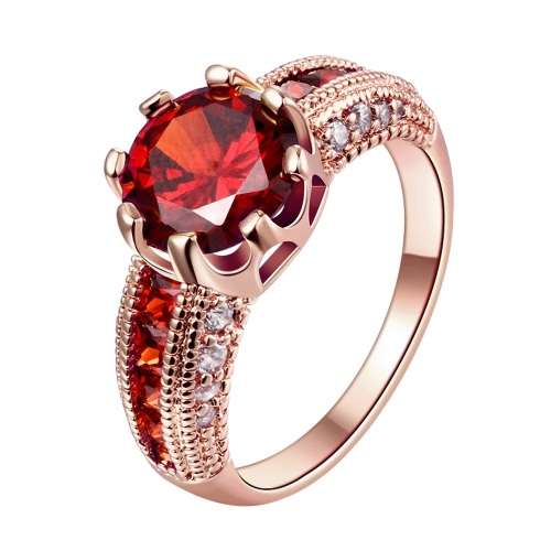 Garnet red zircon 18kgp rose ring. Size 6, 7, 8, 9 (M, O, Q, S)