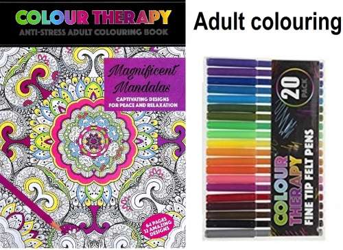 COLOUR THERAPY - ANTI-STRESS ADULT COLOURING BOOK + FINE TIP FELT PENS 20
