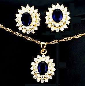 Deep Blue Simulated Sapphire Ladies Necklace & Earrings Jewelry Set