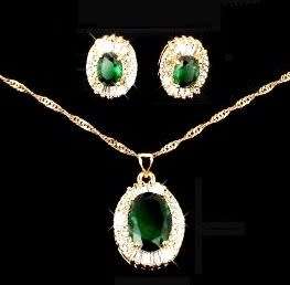 Vibrant Green Simulated Emerald Ladies Necklace & Earrings Jewelry Set