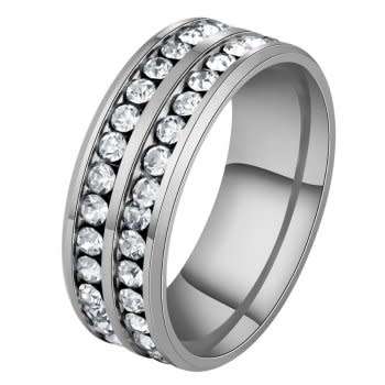 Double Row Full Eternity Solid 316L Stainless Steel Wedding Band - Size 6-11 (L½-V½)
