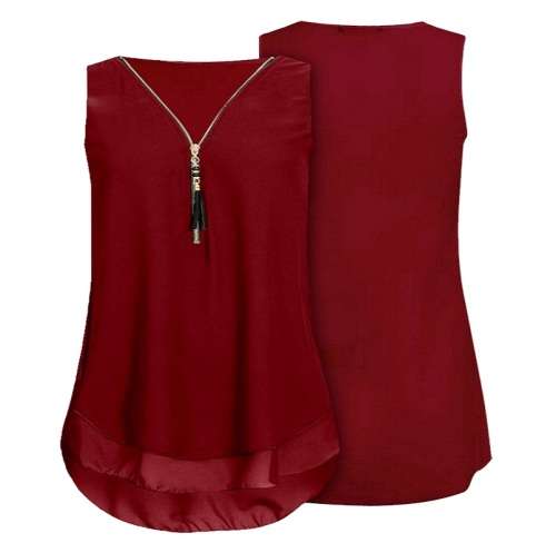 ~~In Stock Now~~ Chiffon Tunic Zipper Tassle Soft Sleeveless Top Sheer Burgundy - Plus Size 16/40