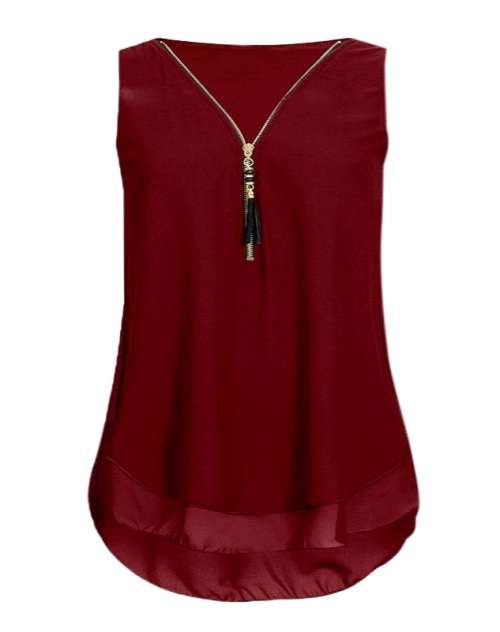 ~~In Stock Now~~ Chiffon Tunic Zipper Tassle Soft Sleeveless Top Sheer Burgundy - Plus Size 16/40