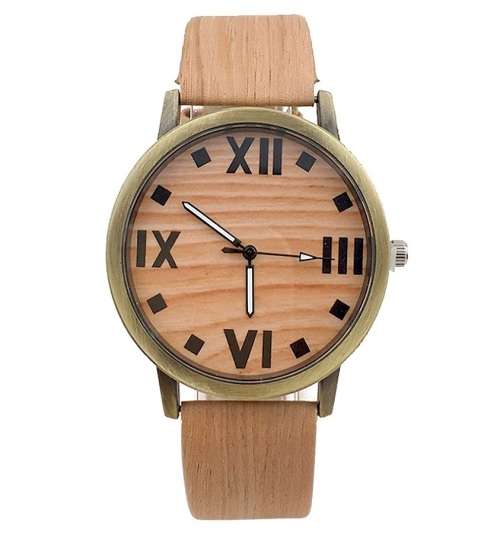 PU Leather Quartz Wristwatch Roman Numerals Wood Stripe Watch Battery Included - Coffee