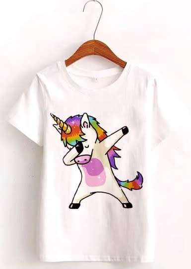 FUN Tshirts: Unicorn Dab. Cotton. White. Available in Size 14/38, 12/36, 10/34, 8/32, 6/30