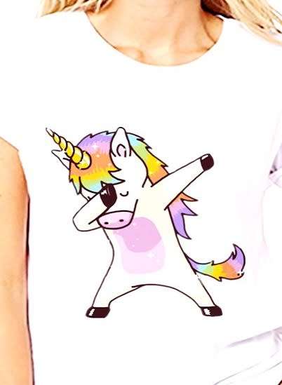 FUN Tshirts: Unicorn Dab. Cotton. White. Available in Size 14/38, 12/36, 10/34, 8/32, 6/30