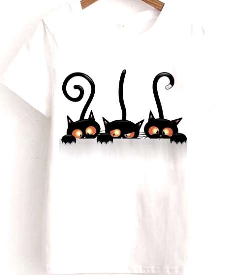 FUN Tshirts: Three Cats. Cotton. White. Available in Size 14/38, 12/36, 10/34, 8/32, 6/30