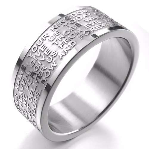 English Lords Prayer Stainless Steel Ring 8MM Wide - silver colour - Size 9 / R / 19mm