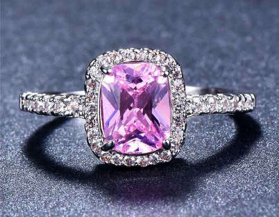 Sparkling Engagement Ring Ladies Pink Halo Ring. Size 5-11 available.