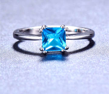 COURIER DELIVERY. Blue CZ Square Princess Engagement Ring. Size 6-10 available.