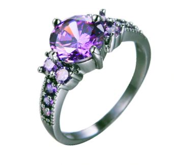 COURIER DELIVERY. Black Gold Finish Purple CZ Brilliant Round Cut Ring. Size 6-10 available.