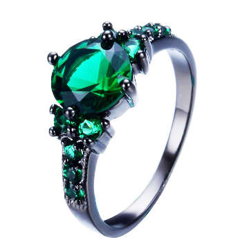 COURIER DELIVERY. Black Gold Finish Green CZ Brilliant Round Cut Ring. Size 6-10 available.