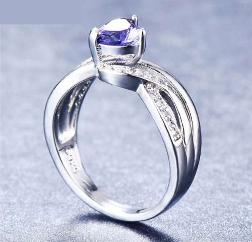 COURIER DELIVERY. Gorgeous Purple CZ Heart Solitaire Ring with Accents. Size 6-10 available.
