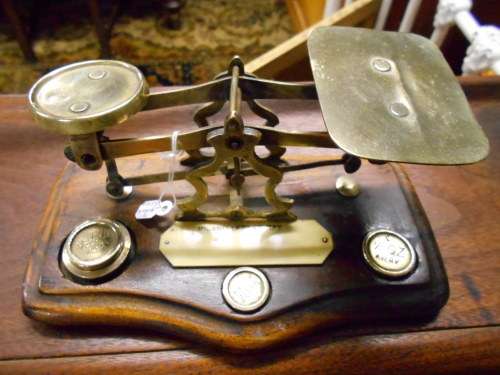 Antique English Woodbase Brass Postal Scale