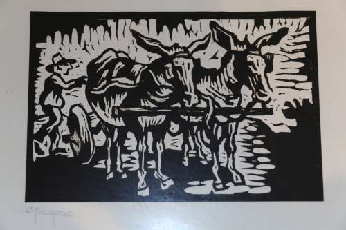 Original Gregoire Boonzaier - Framed Linocut - Donkeys - 41 x 35 cm Frame Size