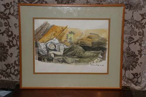 Beautiful Sleeping Lady Watercolour - Friedemann Schafer 1986