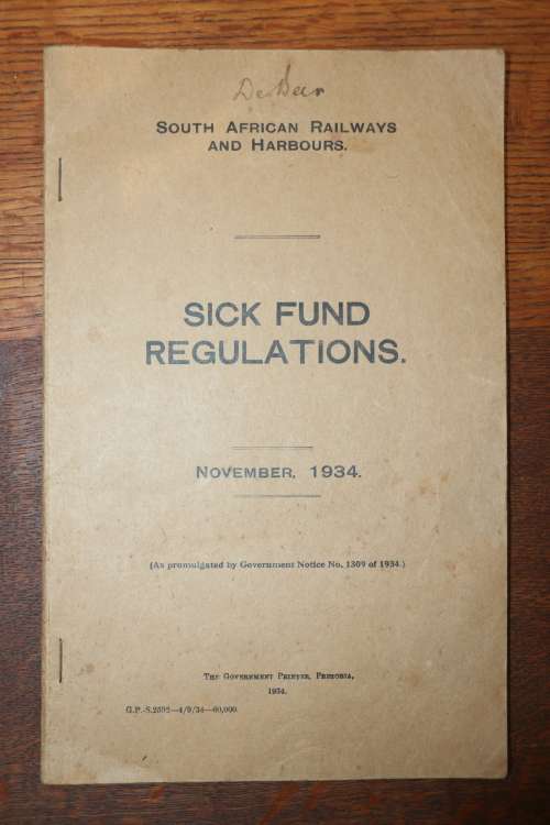 South African Railways and Harbours - Sick Fund Regulations Book - November 1934