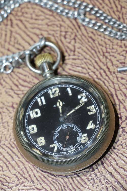Antique Blackface & Porcelain Dial CYMA Swiss Made Pocket Watch with Hallmarked Silver Chain