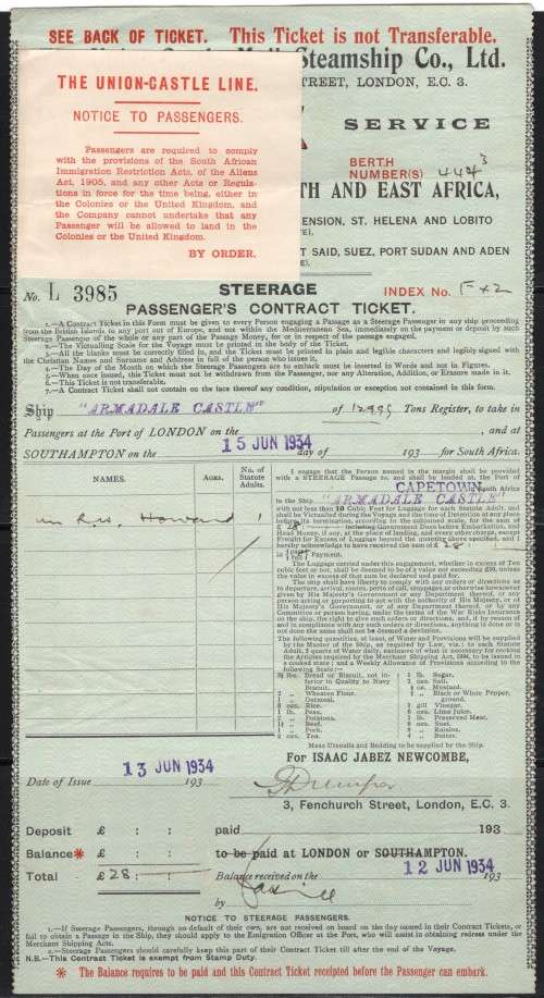 SA - UNION CASTLE - PASSENGER TICKET