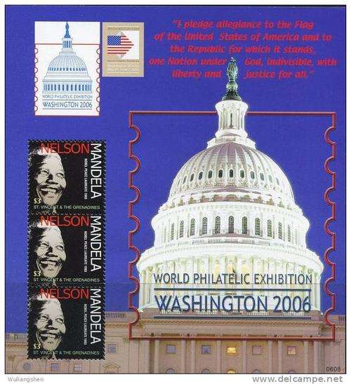 ST. VINCENT 2006 NELSON  MANDELA AND THE UNITED STATES CAPITOL  MNH MINI SHEET