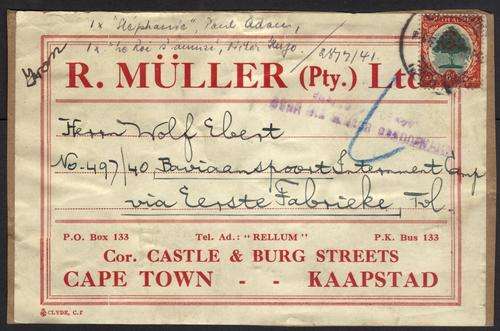 PARCEL LABEL TO BAVIAANSPOORT INTERMENT CAMP WITH CENSOR CACHET