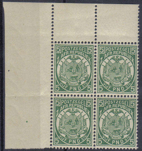 1895 Z A R 5 PONDS BLOCK OF FOUR MNH FULL GUM