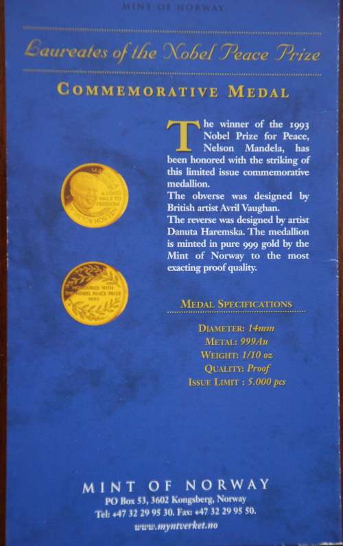 *** 1993 MINT OF NORWAY 1/10 OZ GOLD MANDELA NOBEL PEACE PRIZE WINNER ***