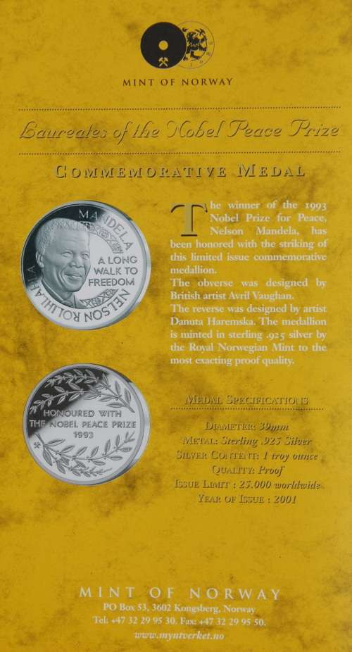 *** SPECIAL!! *** 2001 MINT OF NORWAY MANDELA SILVER MEDALLION PROOF!! ***