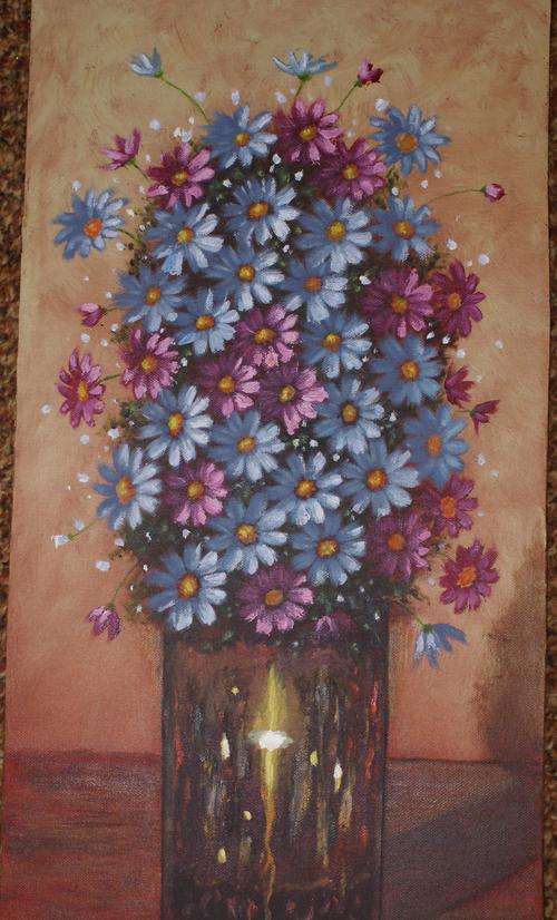 P Talane, een van 2 , pragtige blomme op doek en bord 61x31cm olie en oorspronklik