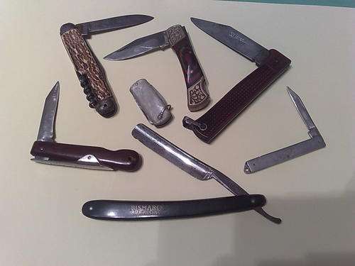 OLD PENKNIVES, SIX IN TOTAL PLUS A BISMARCK RAZOR,FAIR CONDITION