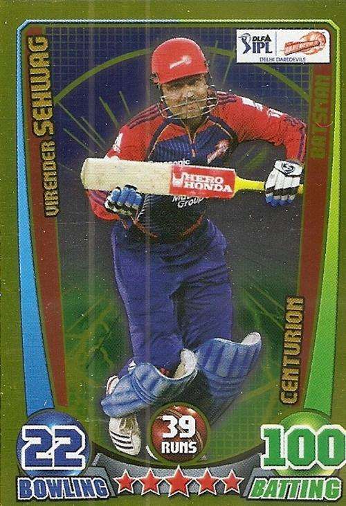 CRICKET ATTAX IPL LEAGUE 2012 - VIRENDER SEHWAG "CENTURION" GOLD FOIL CARD