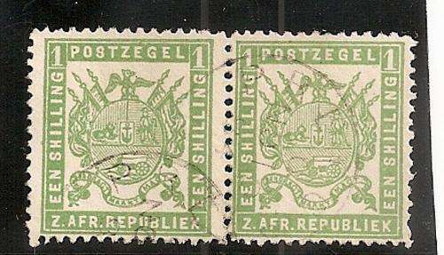 TRANSVAAL 1883 - SACC 177 - 1 SHILLING GREEN PAIR (USED)-BLOCK C