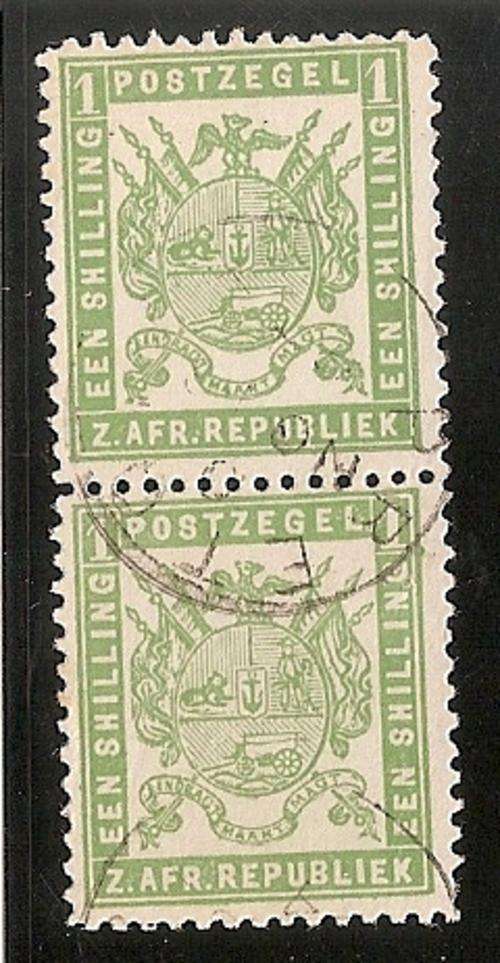 TRANSVAAL 1883 - SACC 177 - 1 SHILLING GREEN PAIR (USED)-BLOCK D
