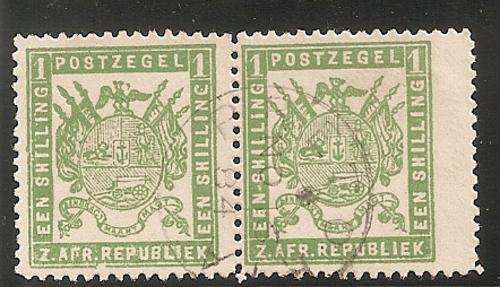 TRANSVAAL 1883 - SACC 177 - 1 SHILLING GREEN PAIR (USED)-BLOCK A