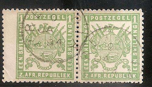 TRANSVAAL 1883 - SACC 177 - 1 SHILLING GREEN PAIR (USED)-BLOCK B